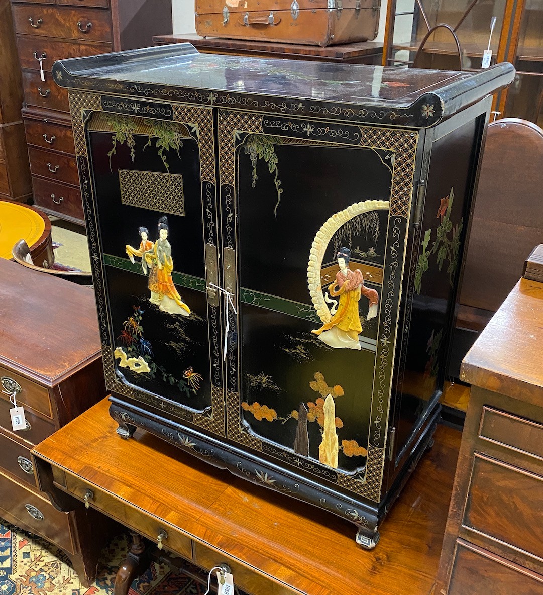 A Chinese black lacquer hardstone and composition mounted two door side cabinet, width 77cm, depth 41cm, height 90cm